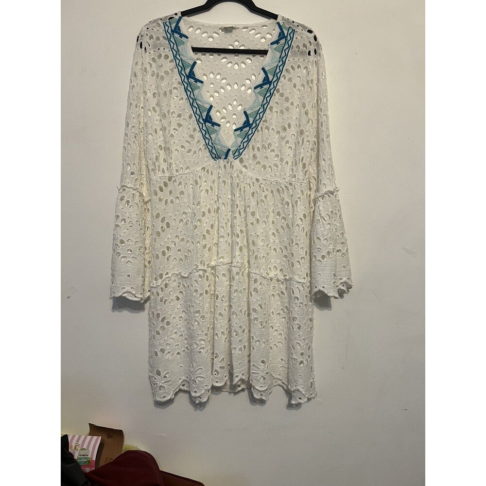 Sundance White Eyelet Embroidered Tunic Bell Sleeve Dress Cover Up M Boho Beach